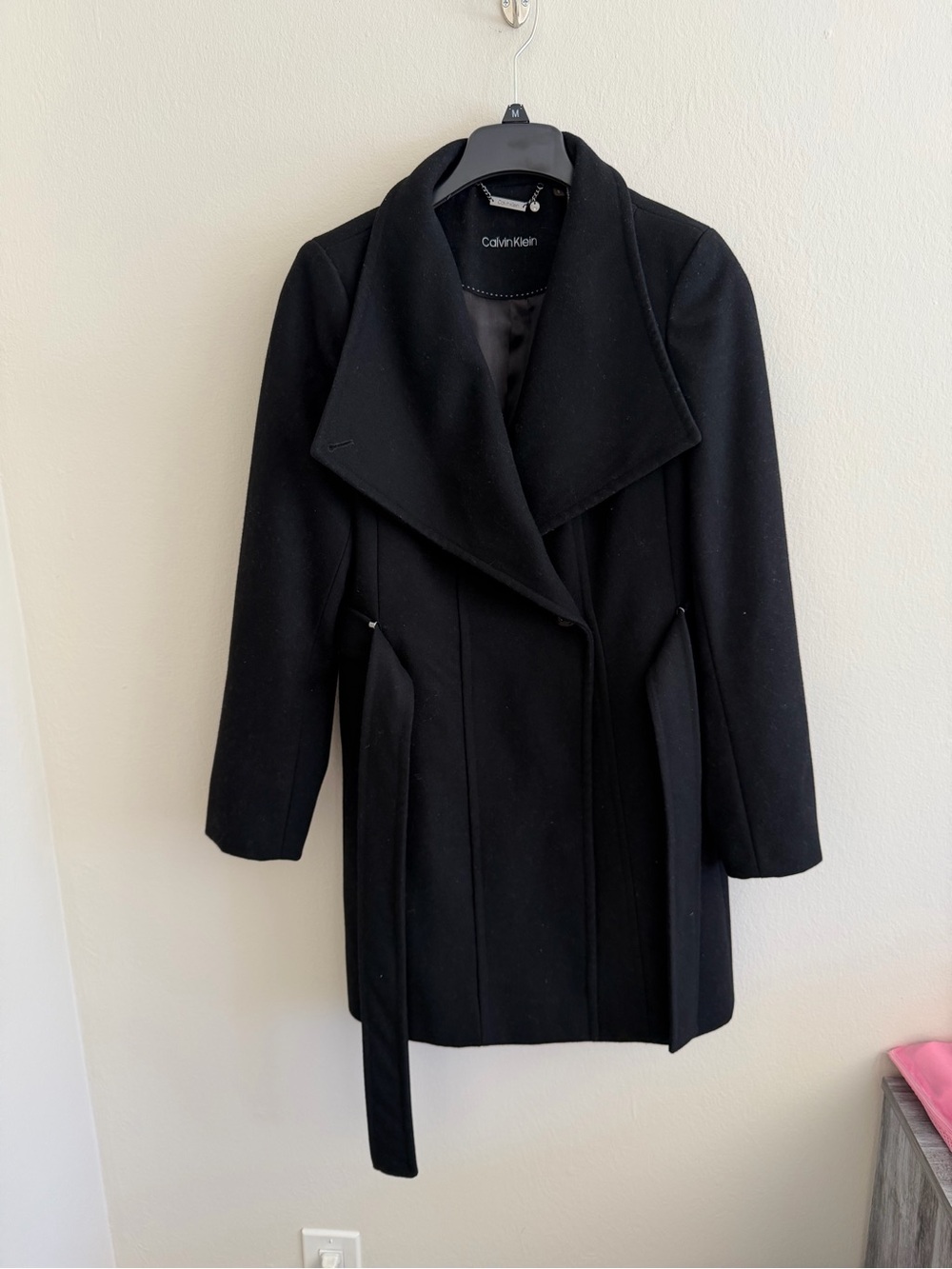 Calvin Klein Black Belted Wool-Blend Trench Coat